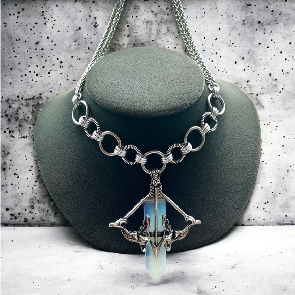 Maille links stainless steel necklace bow & arrow purple opalite stone charm - Picture 8 of 11